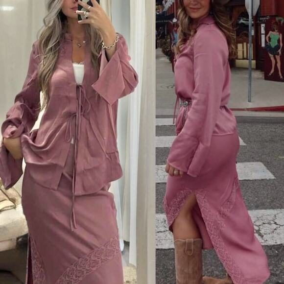 Free People skirt set co-ord top and midi skirt satin matching set boho XS - Picture 13 of 13